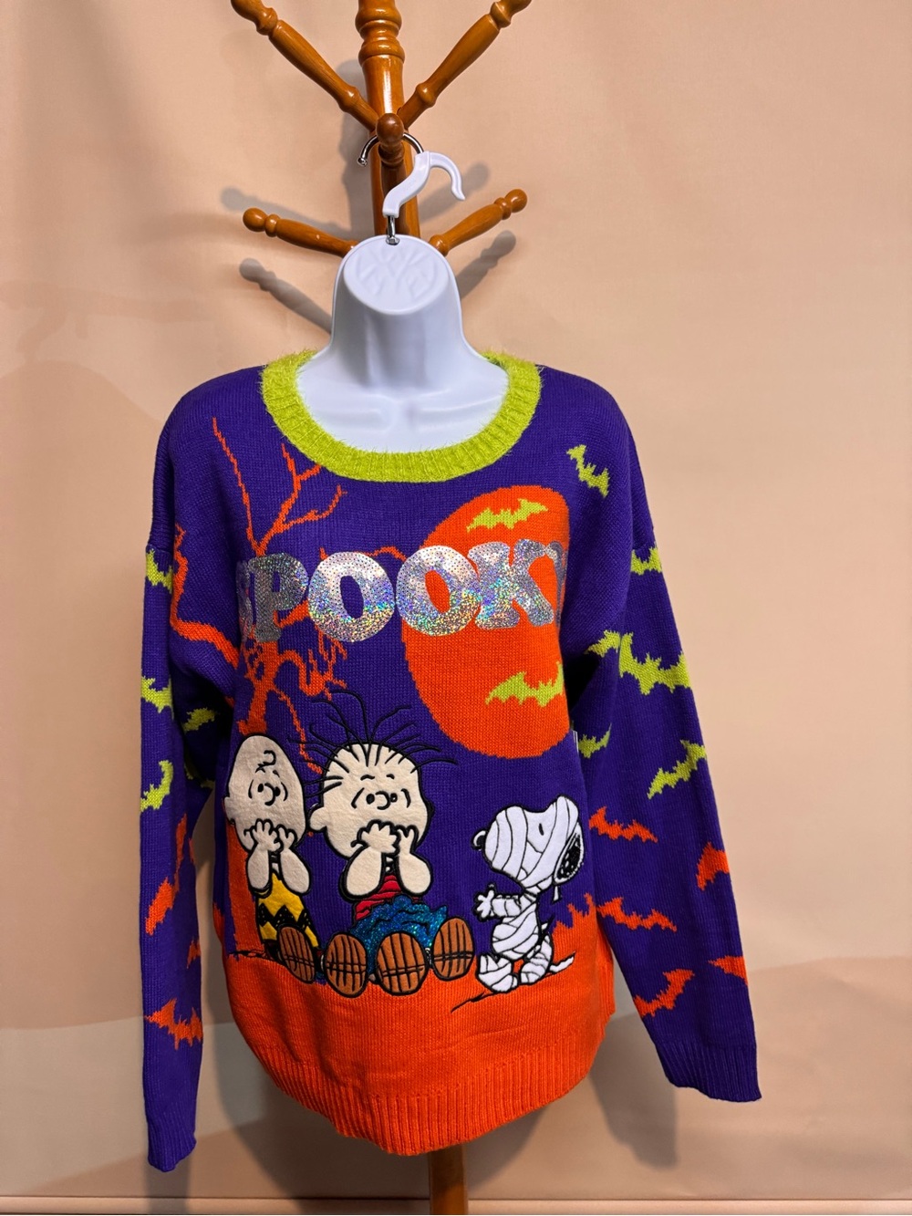 Peanuts Snoopy Halloween 'Spooky' Sequined Graphic Sweater - Womens Size Large